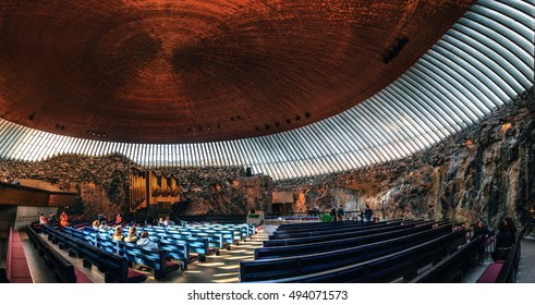 Helsinki, Finland - March, 17, 2015: Interior Of The Rock Church Temppeliaukio Church With Pipe Organ And Copper Ceiling Dome In The Center Of The Helsinki City, Finland.