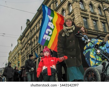 Helsinki, Finland - March 22, 2003: Anti-war Protesters March Through Downtown Helsinki To Protest The Impending United States Of America Invasion Of Iraq. 