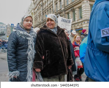 Helsinki, Finland - March 22, 2003: Anti-war Protesters March Through Downtown Helsinki To Protest The Impending United States Of America Invasion Of Iraq. 