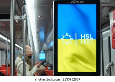 Helsinki, Finland - March 5, 2022: Helsinki Regional Transport Authority Support Ukraine. Ad Screen In The Metro Train