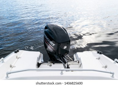 Helsinki, Finland, May 20, 2019: Modern New Fishing Sport Boat With A Brand New Mercury FourStroke Outboard Engine On The Lake.