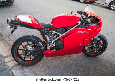 Helsinki, Finland - May 21, 2016: Ducati 749, it is a V-twin Desmodromic valve actuated engine sport bike by Ducati Motor Holding between 2003 and 2006. Designed by Pierre Terblanche