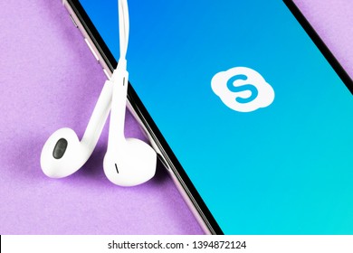 Helsinki, Finland, May 4, 2019: Skype application icon on Apple iPhone X smartphone screen close-up. Skype messenger app icon. Social media icon. Social network. Skype app icon.