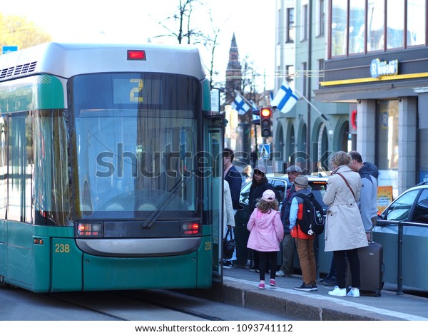 Helsinki, Finland. May 9 2018 - Tram of HSL in\
Helsinki, Finland
