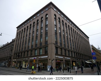 Helsinki, Finland - November 2 2022: Street View Of Helsinki City Center In Autumn. Twilight Autumn Day. 