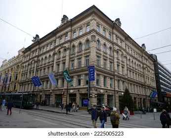 Helsinki, Finland - November 2 2022: Street View Of Helsinki City Center In Autumn. Twilight Autumn Day. 