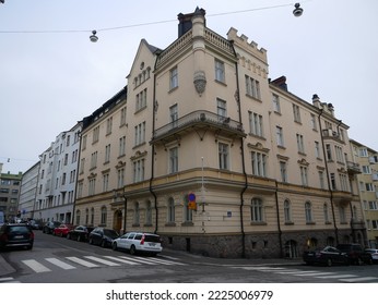 Helsinki, Finland - November 2 2022: Street View Of Helsinki City Center In Autumn. Twilight Autumn Day. 