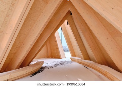 Helsinki, Finland - November 24, 2020: Interior Of The Helsinki Biennale Pavilion On Lübeck Pier. Modern Wooden Nordic Architecture.