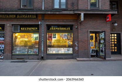 HELSINKI, FINLAND – OCTOBER 26 2021: The Yellow Submarine (Keltainen Jaansarkija), a record store established in 1989. 