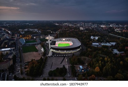 Helsinki, Finland - October 3, 2020: Aerial View Of The Helsinki Stadium At The Night.