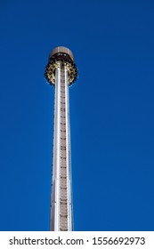 HELSINKI, FINLAND - SEPTEMBER 22, 2019:  Linnanmaki Amusement Park, People On The Platform Of Kingi Freefall 75-metre Tower Ride, Tallest Amusement Attraction In Finland (opened In 2014)