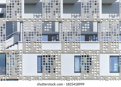 Helsinki, Finland - September 26, 2020: The Modern Nordic Architecture. The Stylish White Facade Of The Brand New Apartment Building.