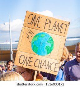 Helsinki, Finland - September 27 2019: Young Students Gather In Climate Change Protest Rally, School Strike 4 Climate, And Demand Urgent Action On Climate Change.