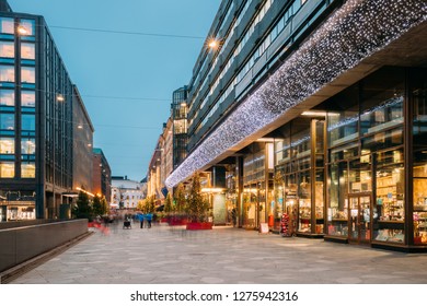 Helsinki, Finland. Shopping Center In New Year Lights Christmas Tree Decorations And Festive Illumination In Kaivokatu Street. Winter Xmas Holiday Season. - Powered by Shutterstock