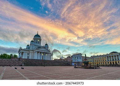 Helsinki Finland, Sunrise City Skyline At Helsinki Cathedral And Senate Square