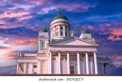 Helsinki. Finland. White Cathedral against the gray clouds. Suurkirkko. Cathedral Of St. Nicholas. Cathedrals Of Finland. Architecture of the capital of Finland. A journey through the Scandinavia.