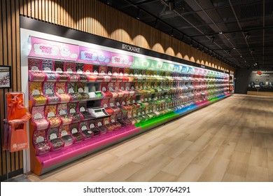 HELSINKI, FINLAND-CIRCA NOV, 2019: Candy Shop With Long Stall With Candy Bundle And Premium Sweets Is In Itakeskus (Itis) Shopping Mall. Store With Self-service Checkout System