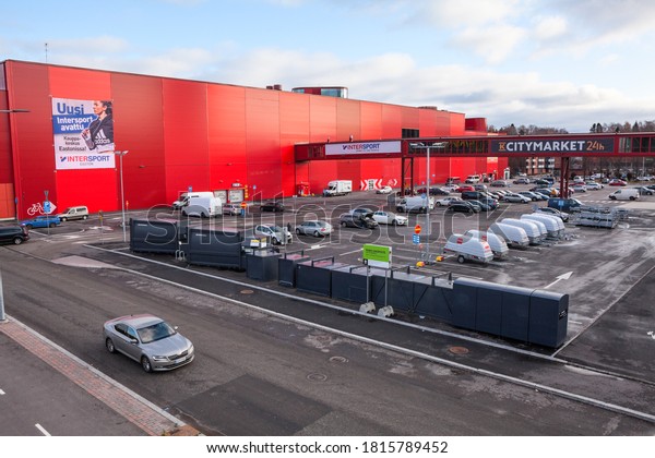 Helsinki,\
Finland-circa Oct, 2019: Parking lot of shopping mall the Easton.\
Mall Easton is a big shopping center in Itakeskus district of city.\
It is located on\
Kauppakartanonkatu