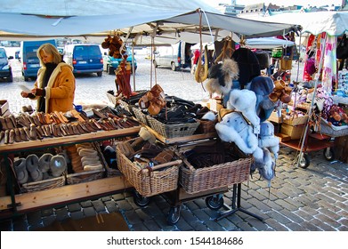 Helsinki Street Market Vendors Selling Knitted Goods And Fur. Helsinki, Finland, October 27, 2012.