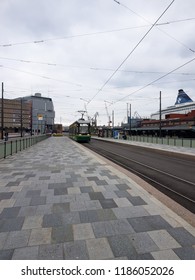 Helsinki/Finland - September 5, 2018: Tram At The Tram Stop Near The West Terminal 1 In Helsinki