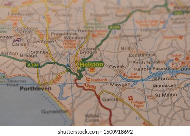 Helston In Cornwall Shown On A Road Map Or Geography Map 