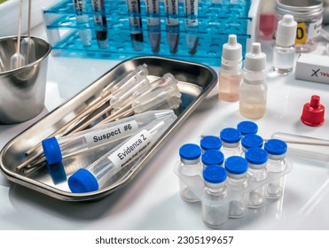 Hematological analysis with forensic test kit in a murder in a crime lab, conceptual image