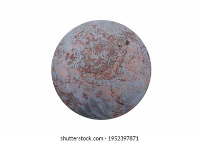 Hemispherical with irregularities, rough gray surface with brown patches. 3d abstract background, reminiscent of the landscape of a fantastic planet on white backdrop. Top view.