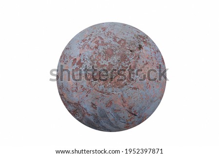 Hemispherical with irregularities, rough gray surface with brown patches. 3d abstract background, reminiscent of the landscape of a fantastic planet on white backdrop. Top view.