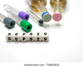 Hemoculture bottles, test tubes and syringe for taking blood samples for diagnostic examination in sepsis and septicemia condition.  Important and critical blood tests in fever condition. 