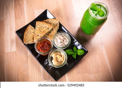 Hemp Flour Bread With Dips And Healthy Collard Juice