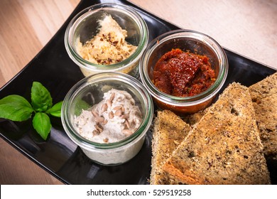 Hemp Flour Bread With Dips And Healthy Collard Juice