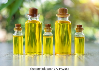 Hemp oil in a glass bottle lined up And the seeds in a wooden spoon The idea of using oil extracted from cannabis to treat diseases. Alternative medicine Herbs extracted from CBD.