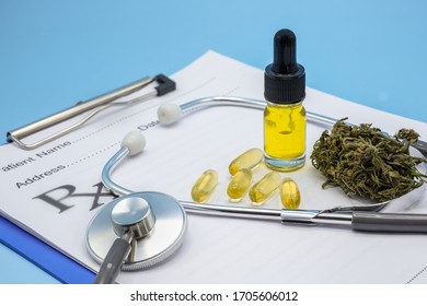 Hemp Oil Is Put On The Doctor's Prescription Stethoscope. Concepts Of Alternative Medicine, Herbal Remedies Medical Marijuana Research