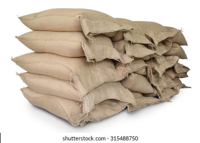 Hemp sacks containing rice isolate on white background