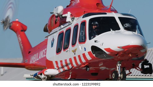 HEMS Ambulance helicopter at Portland, Victoria, Australia - March 9, 2018. 