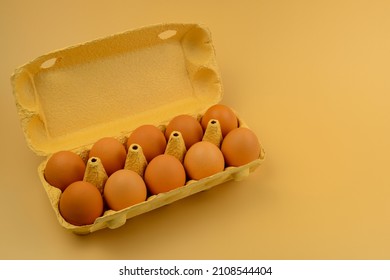 Hen eggs on cardboard box, copy space. Ten eggs brown color in egg box. Easter eggs. Healthy food, proteine