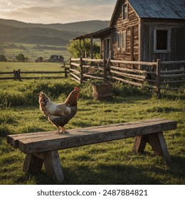 A hen standing on a rustic wooden bench, with a vintage farmhouse in the background - Powered by Shutterstock