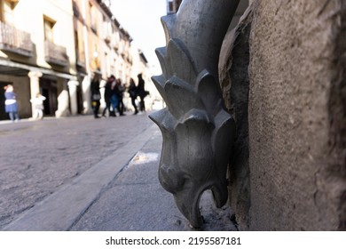 ALCALÁ HENARES, SPAIN - FEBRUARY 05 OF 2017 Close Up To A Dragon Head Gutter End In Main Street Sunny Day