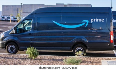 Henderson, NV, USA 10-15-2021: Blue Amazon Prime delivery van with its logo on the side of the car. Captured at the distribution facility center in the Las Vegas Valley area.