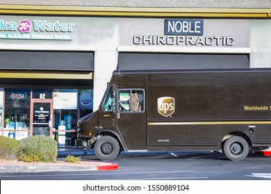 Henderson, NV, USA 11/5/2019 — A UPS Truck Drives Through A Mall Parking Lot At Early Morning Hours. All Of These Semi Trucks Are Manual Transmission And Requires A Commercial Driver’s License (CDL).