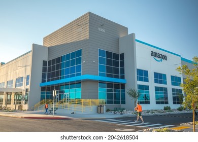 Henderson, NV, USA 9-15-2021: Exterior Of Amazon LAS1 Fulfillment And Distribution Center. The New Warehouse In The Las Vegas Valley Opened In 2021. Diagonal View From Front At Early Morning Hours.