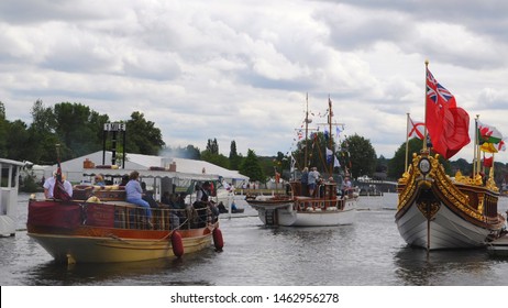 Henley-on-Thames, Oxfordshire / UK - 07/21/2019: 1883 Steam Launch 'Alaska' (l), 1938 Motor Yacht 'Janthea' (c) And 2012 Royal Barge 'Gloriana' (r) At The 2019 Thames Traditional Boat Festival.