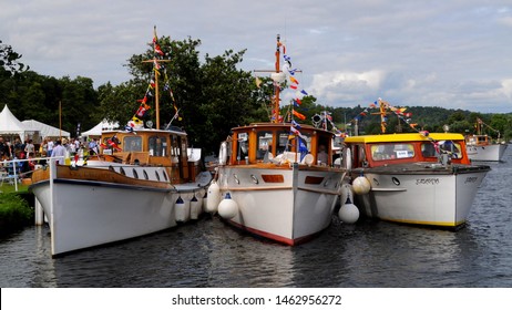 Henley-on-Thames, Oxfordshire / UK - 07/21/2019: 1928 Converted Admiralty Launch 'Cailliach' (l), 1929 Motor Yacht 'St Joan' (c) And 1937 Launch 'Jomarna' At 2019 Thames Traditional Boat Festival.