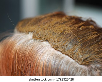 Henna Dyeing Gray Hair On A Woman's Head