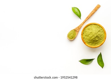 Henna Powder In Wooden Bowl With Green Leaves. Herbal Natural Hair Dye.