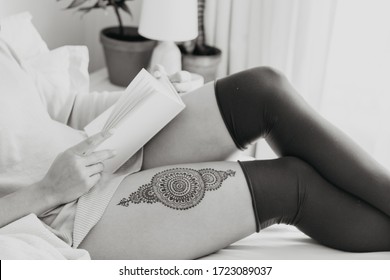 Henna Tattoo On Thigh Reading A Book While Being Lazy In The Morning