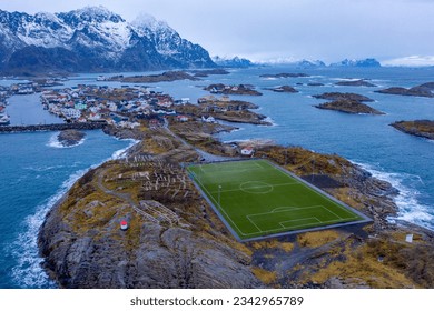 henningsvaer stadium, the most spectacular football pitch in the world. lofoten, norway
