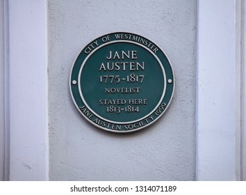 Henrietta Street, Covent Garden, London, UK, February 7th 2019, Green plaque to commemorate novelist Jane Austen