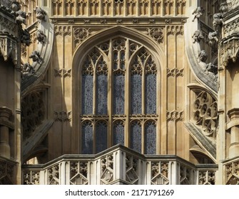 The Henry VII Lady Chapel in Westminster Abbey. Perpendicular Gothic, 16 century. Exterior detail of flying buttress decorated with lions, dogs, dragons and tracery window.
					London. United Kingdom.