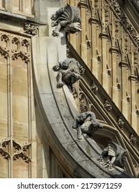 The Henry VII Lady Chapel in Westminster Abbey. Perpendicular Gothic, 16 century. Exterior detail of  flying buttress decorated with lions, dogs and dragons.
				London. England.   